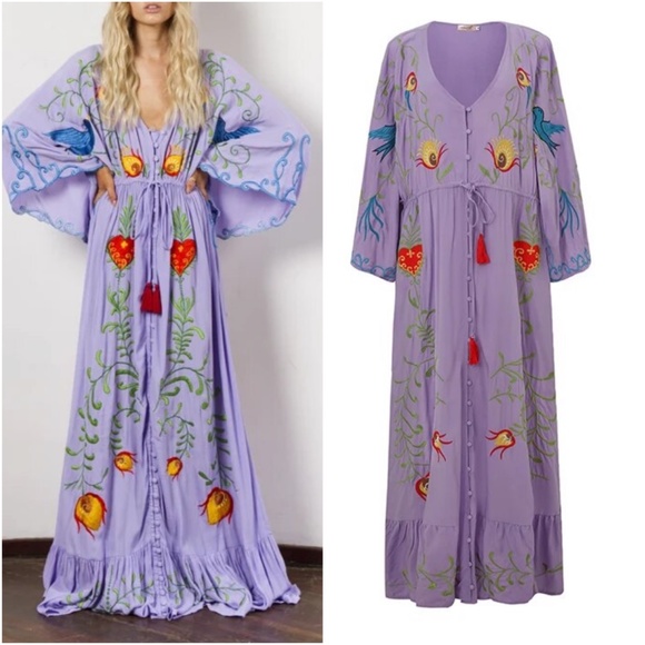Boho Embroidered Hearts Floral Birds Long Maxi Kimono Dress - Picture 16 of 16
